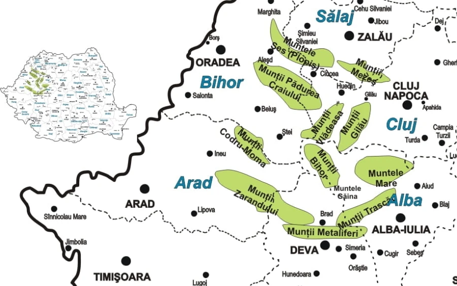 Map of the Apuseni Mountains, Romania