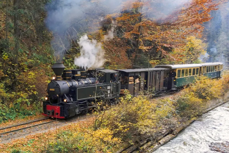 The Mocănița narrow-gauge train running through the hills