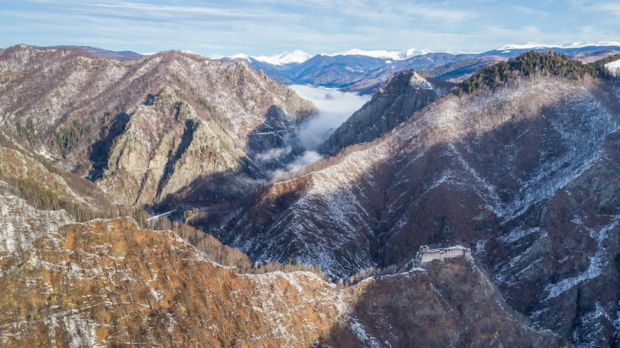 Poenari Fortress, alpine winter landscape
