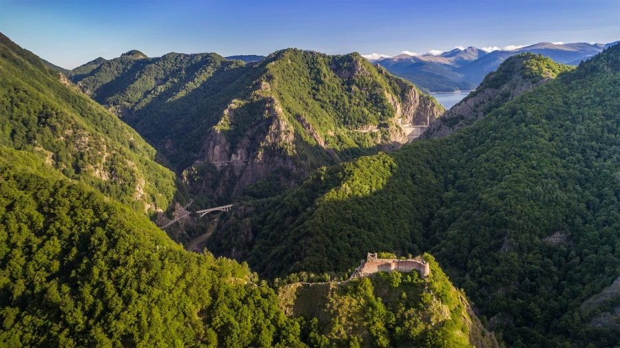Spectacular landscape with Poenari Fortress and Vidraru Dam